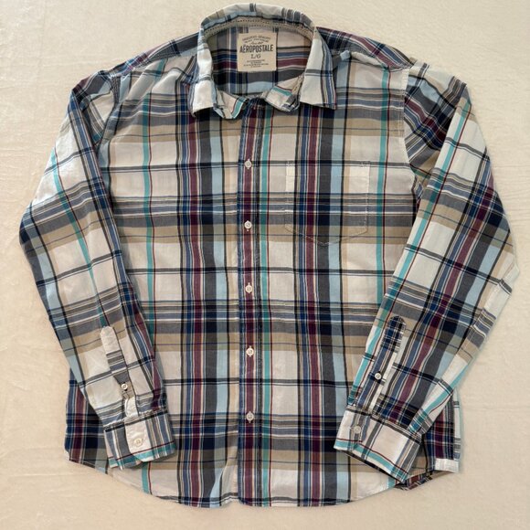 Men's Aeropostale Shirt Size L Blue Plaid Button Down Long Sleeve Casual - Picture 1 of 6